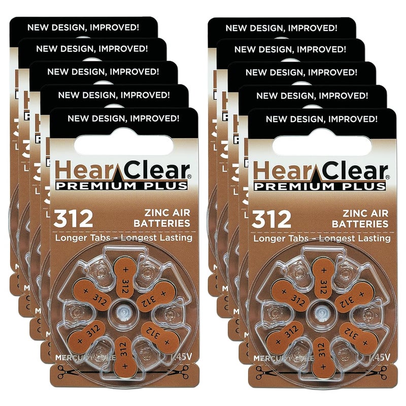 Hear Clear Size 312 PR41 1.45V Zinc Air Hearing Aid Batteries Brown Tab (60 Pack) [Child-Resistant Packaging] - Image 1
